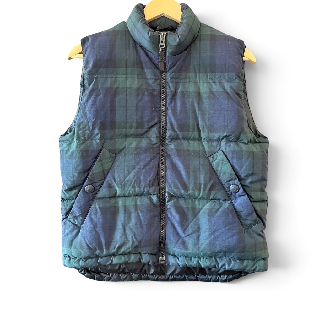 Eddie Bauer Womens S Black Watch Tartan Plaid Goose Down Puffer Vest Green Navy